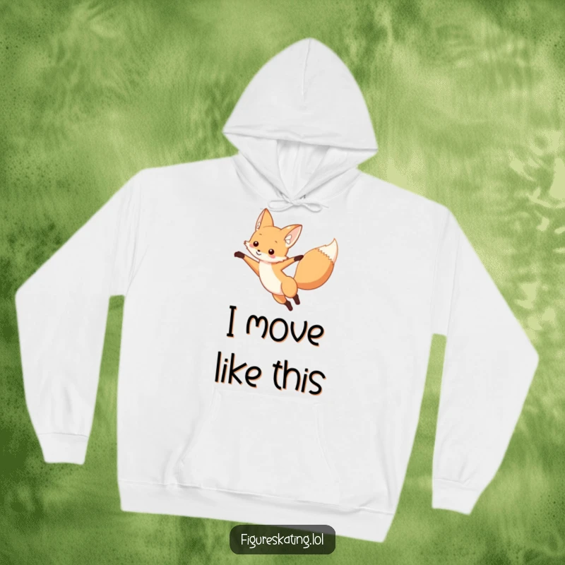 Funny fox hoodie showcasing a curious fox in a beautiful arabesque, arm stretched out, blending comfort with artistic humor.