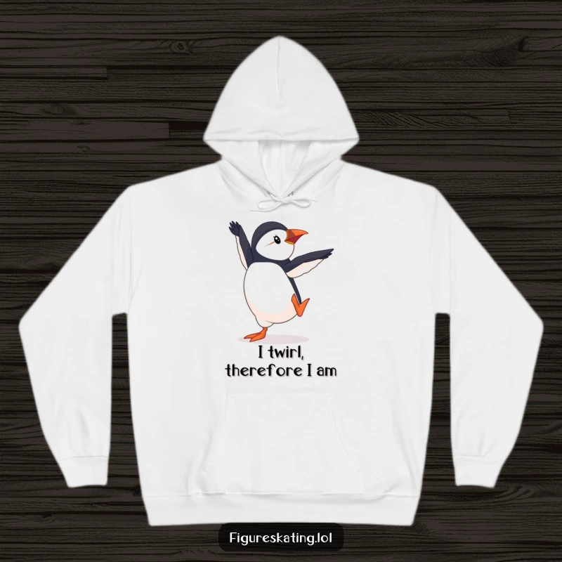 Funny Puffin Pirouette Hoodie, showcasing a determined puffin in an elegant pirouette, perfect for cozying up with a touch of humor.