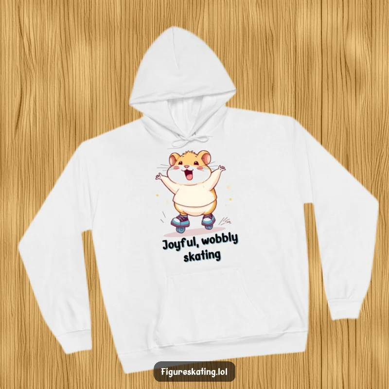 Funny chubby hamster costume hoodie, spinning delightfully on ice skates, embodying cheerful, albeit wobbly, winter spirit.