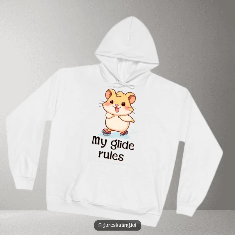 Funny hamster hoodie depicting a cheerful hamster confidently skating forward, leaving behind a trail of glittering ice sparkles, creating a magical winter scene.