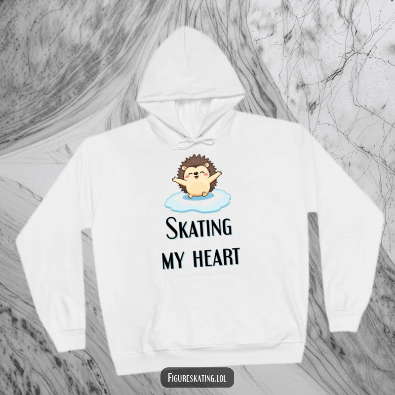 Funny Hoodie: A happy hedgehog gliding across the ice with arms spread, capturing winter joy and playful movement.
