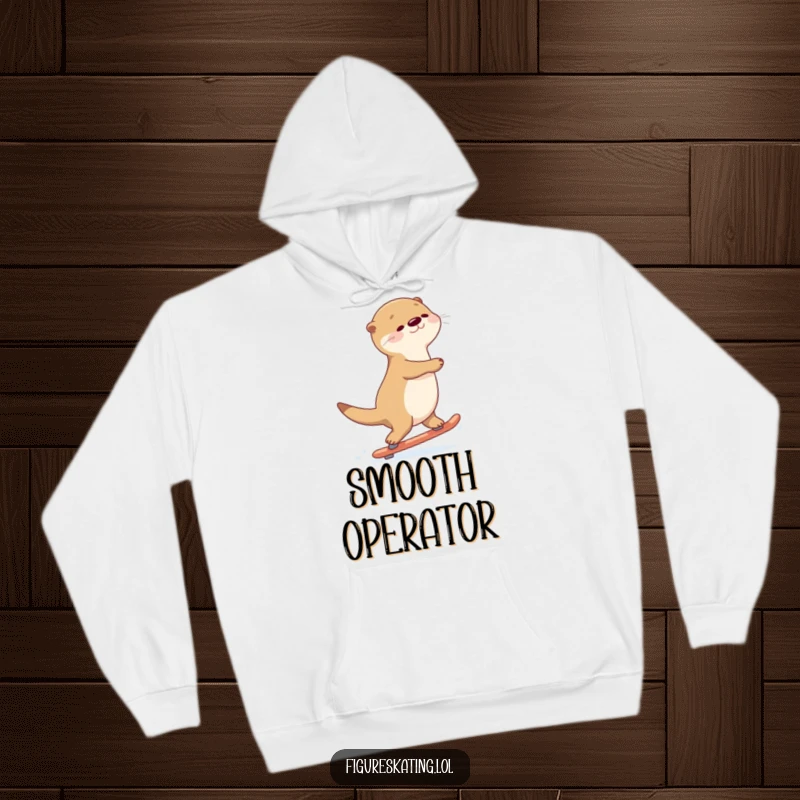Funny Otter Gliding Hoodie: A graceful otter gliding backwards on skates with a serene expression, perfect for cozy wear.