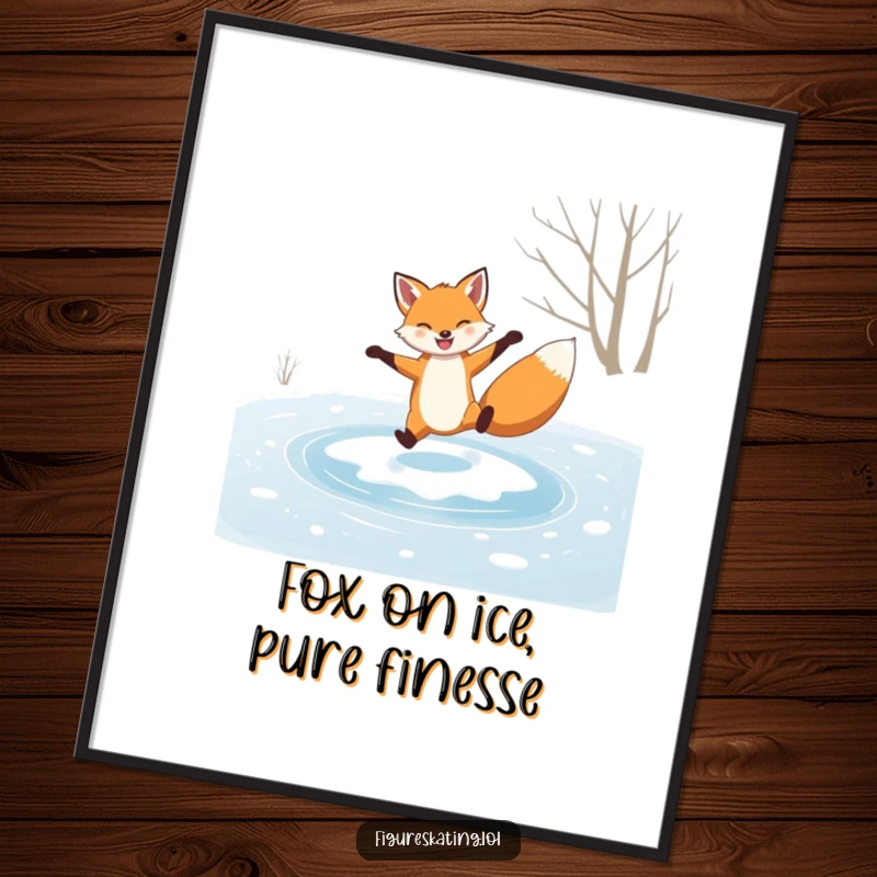 Funny Free Printable Wall Art: a grinning fox performing a graceful spin on a frozen pond, a humorous and chic downloadable.