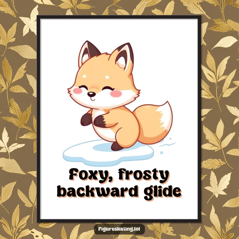 Funny Free Printable Wall Art: Fluffy fox happily gliding backwards on ice, full of playful charm.