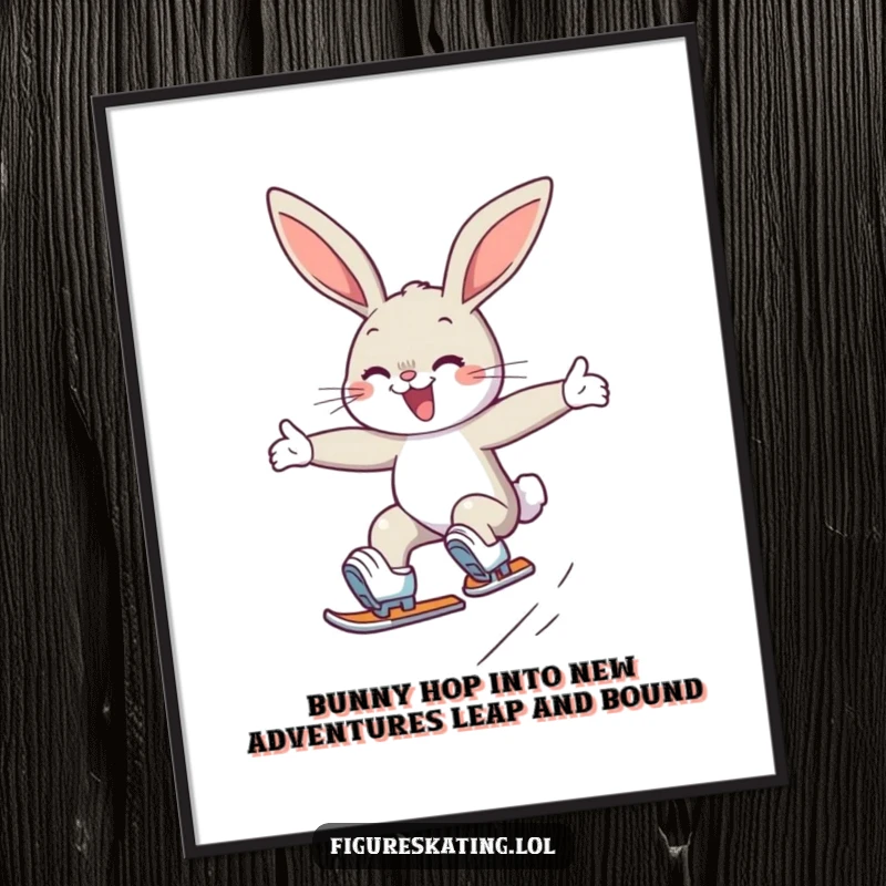 Funny free printable wall art of a determined bunny smiling while executing a graceful jump on pointed ice skates.