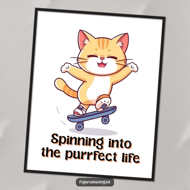 Funny Free Printable Wall Art: A determined cat doing a dizzying spin on a single ice skate, adding playful chaos to walls.