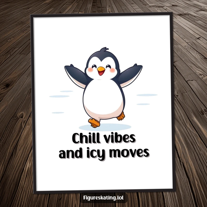 Funny Free Printable Wall Art: Delighted penguin gliding across ice with arms outstretched, full of joy, humorous downloadable decor.