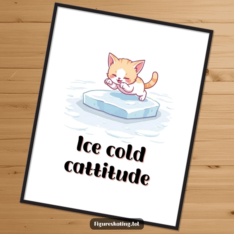 Funny Free Printable Wall Art: A dynamic image of a kitten mid-pounce on the ice, full of playful energy.