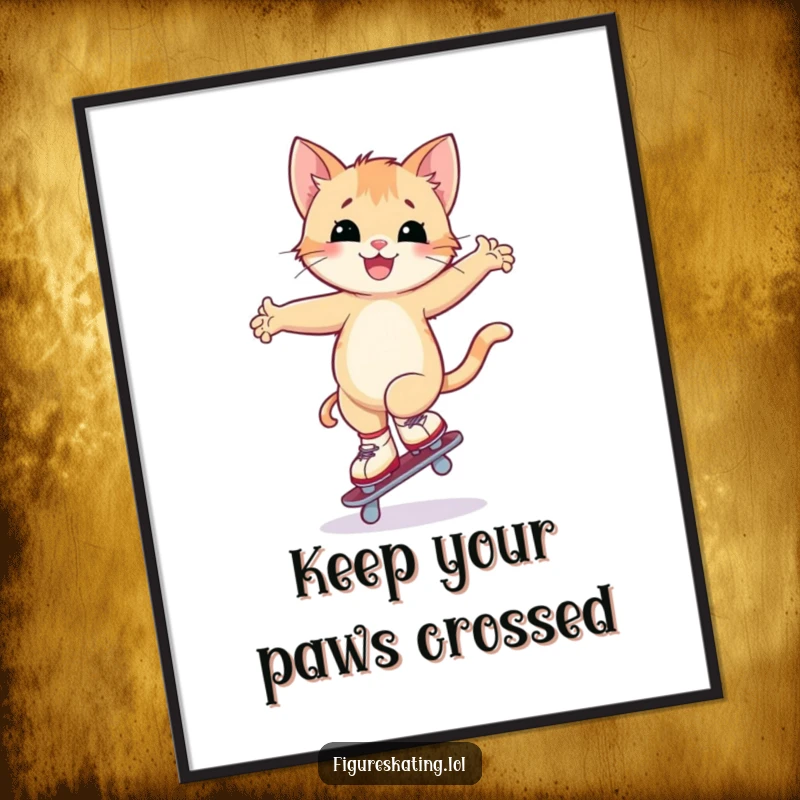 Funny Free Printable wall art: a happy kitten attempting a wobbly arabesque on a single roller skate, full of charm.