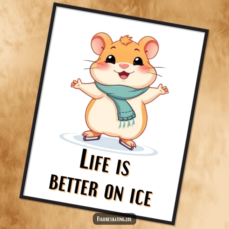 Funny Free Printable Wall Art: A smiling hamster executes a graceful ice skating pose with charm. Instant download.