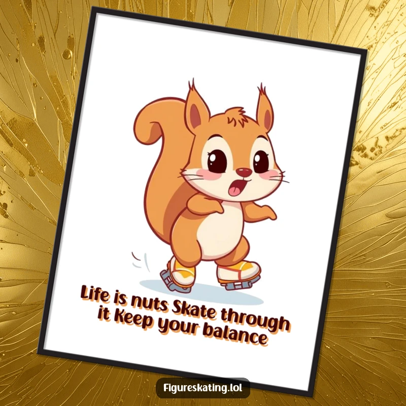 Funny free printable wall art of a playfully surprised squirrel comically avoiding a collision while ice skating with wide eyes.