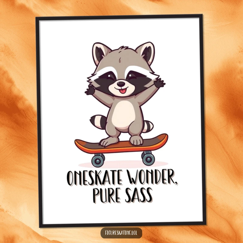 Funny Free Printable Wall Art: A mischievous raccoon balances expertly on one skate, arms out, showcasing daring skill.