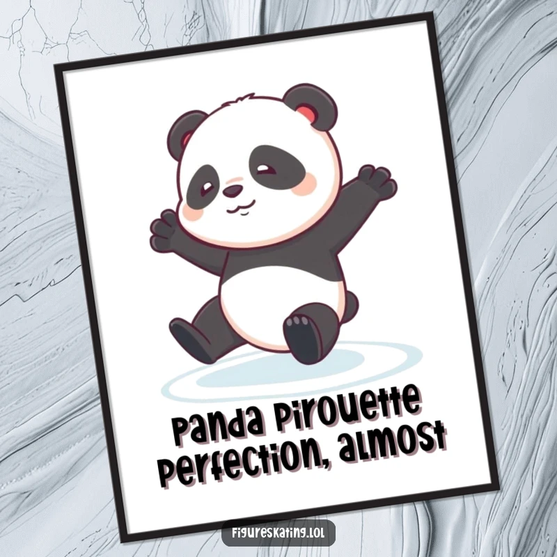 Funny Free Printable Wall Art: A contented panda cub comically stumbles slightly during a graceful pirouette on ice.
