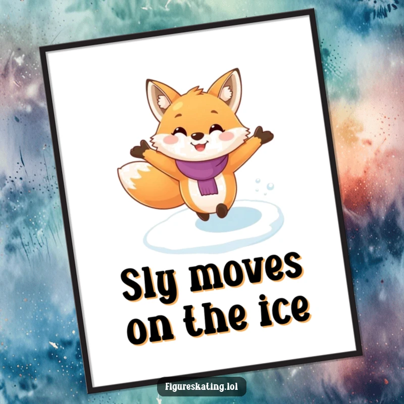 Funny Free Printable Wall Art: A cheerful fox gliding effortlessly on ice with arms spread wide in pure joy.