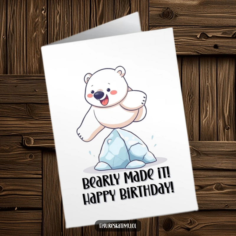 Funny Free Printable Birthday Card: A determined polar bear mid-air, leaping joyfully over a tiny ice sculpture.