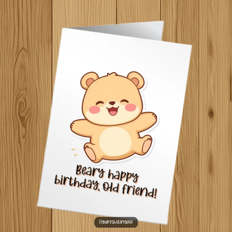 Funny Free Printable Happy Birthday Card: A joyful bear glides with a huge delighted smile, ready for celebration.