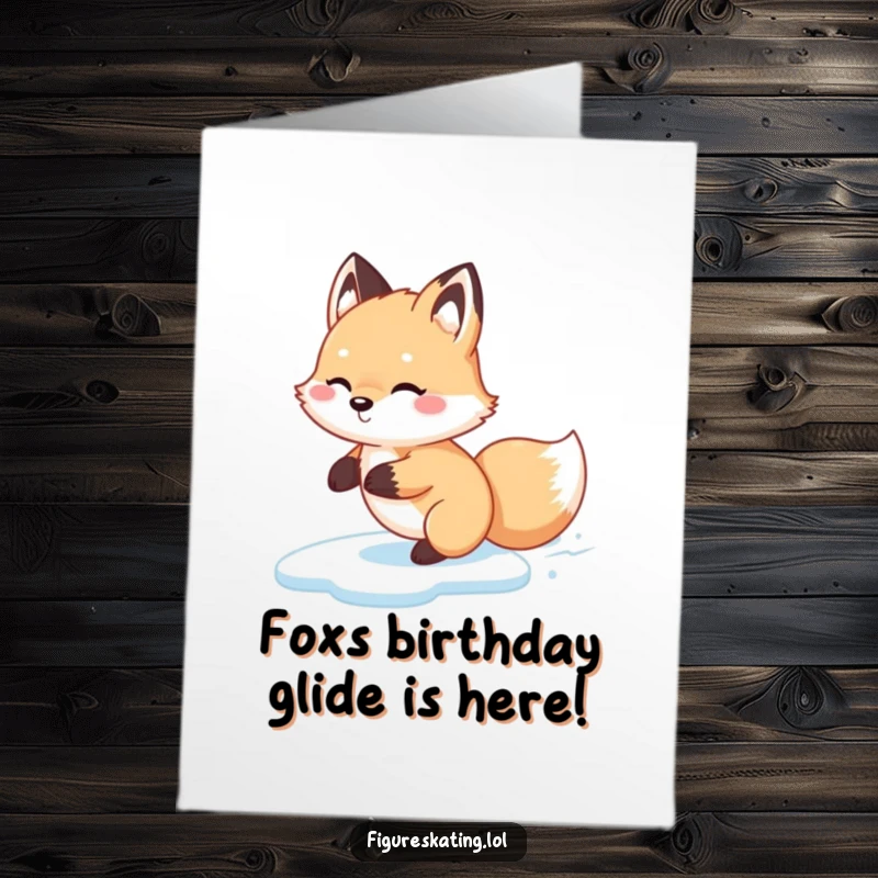 Funny Free Printable Birthday Card: Fluffy fox happily gliding backwards on ice with a cheerful expression.