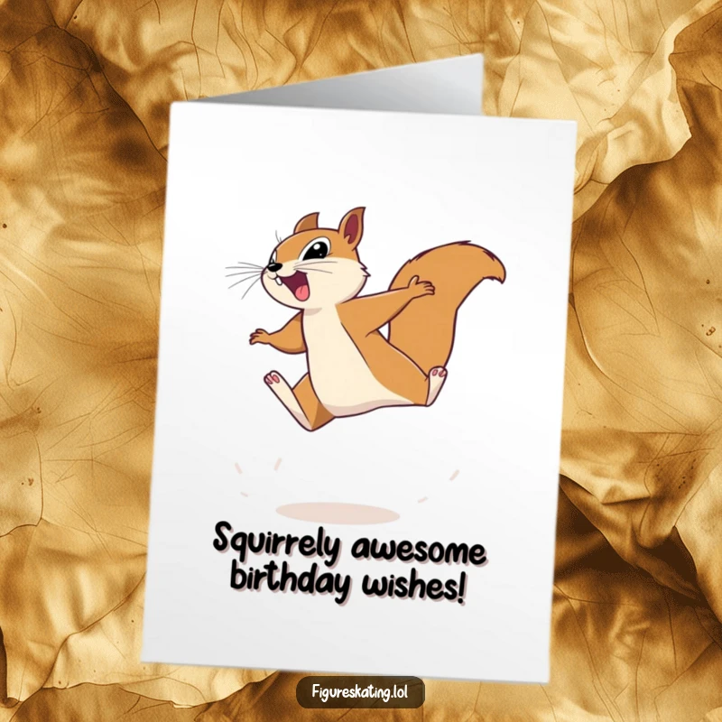 Funny Free Printable birthday card shows a determined squirrel mid-air leap, ready to deliver birthday cheer with a grin.