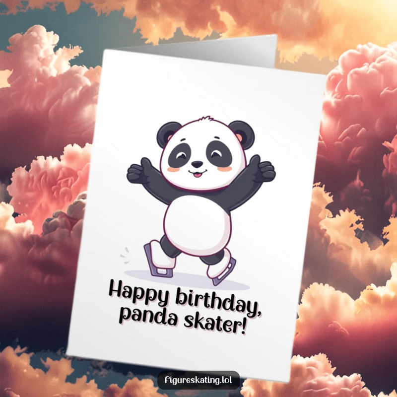 Funny Free Printable Birthday Card: Panda joyfully shuffling on tiny ice skates, pure happiness.