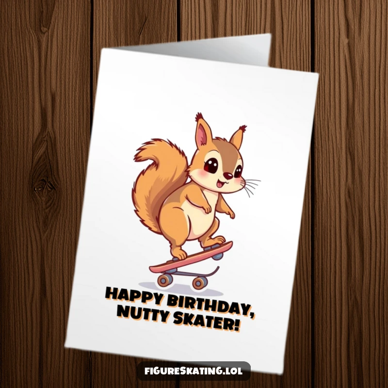 Funny Free Printable Birthday Card: Squirrel balances precariously on one skate, looking utterly surprised.