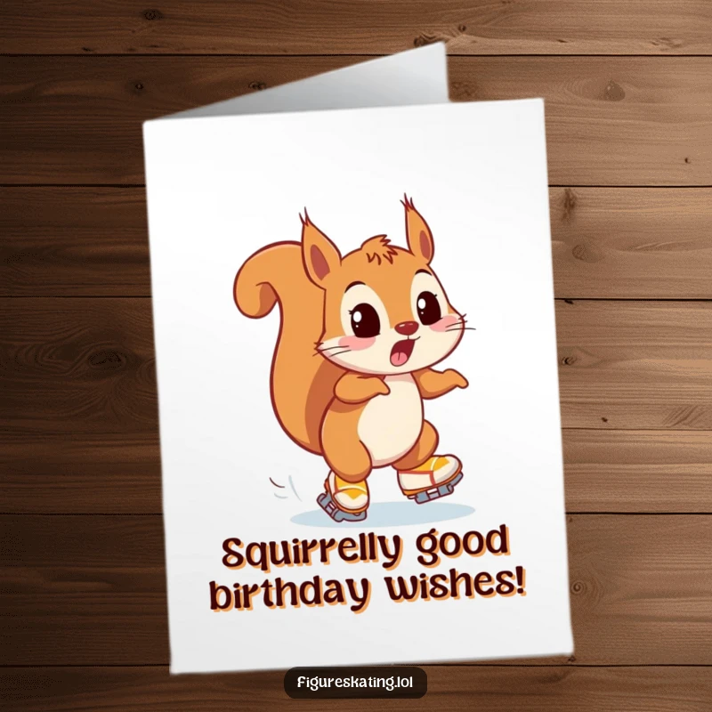 Funny free printable birthday card of a surprised squirrel comically avoiding a collision while skating with wide eyes.