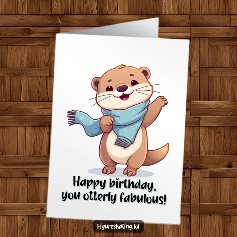 Funny Free Printable Birthday Card: A playful otter joyfully twirling with a long, shimmering scarf.