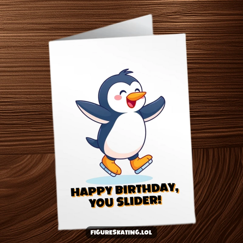 Funny Free Printable Birthday Card: a joyful penguin twirling gracefully on ice skates, a delightful and humorous downloadable gift.