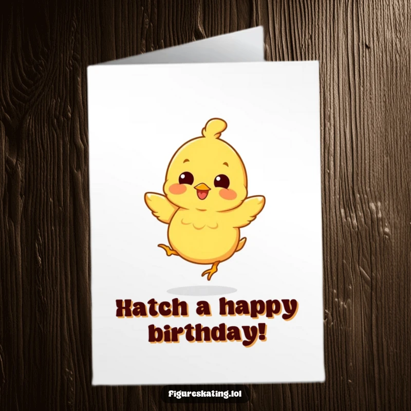 Funny Free Printable Birthday Card: A cheerful chick mid-jump, radiating happiness and playful energy.