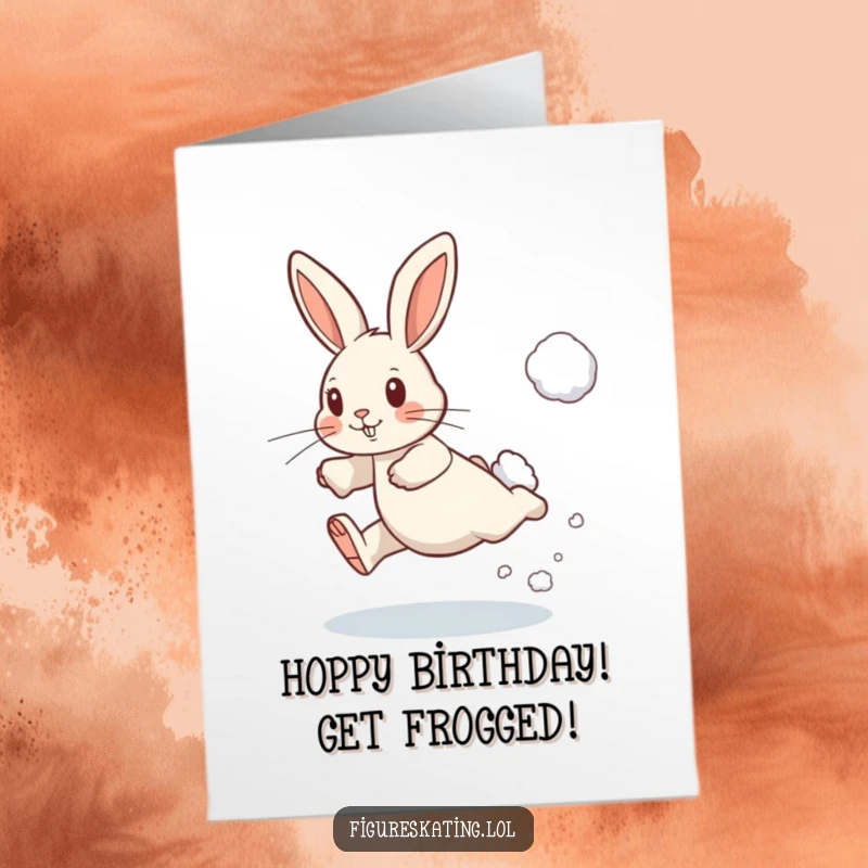 Funny Free Printable Happy Birthday Card: A determined rabbit leaps through snow, ready for a wild birthday celebration.