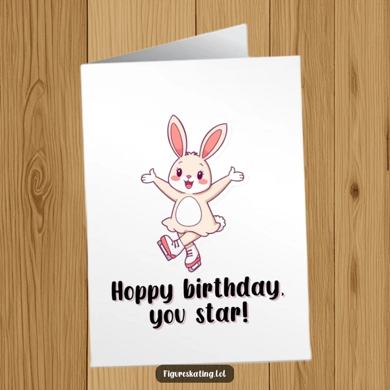 Funny Free Printable Birthday Card: A cheerful bunny gracefully twirls on ice skates with elegant arm extensions, embodying festive birthday joy.