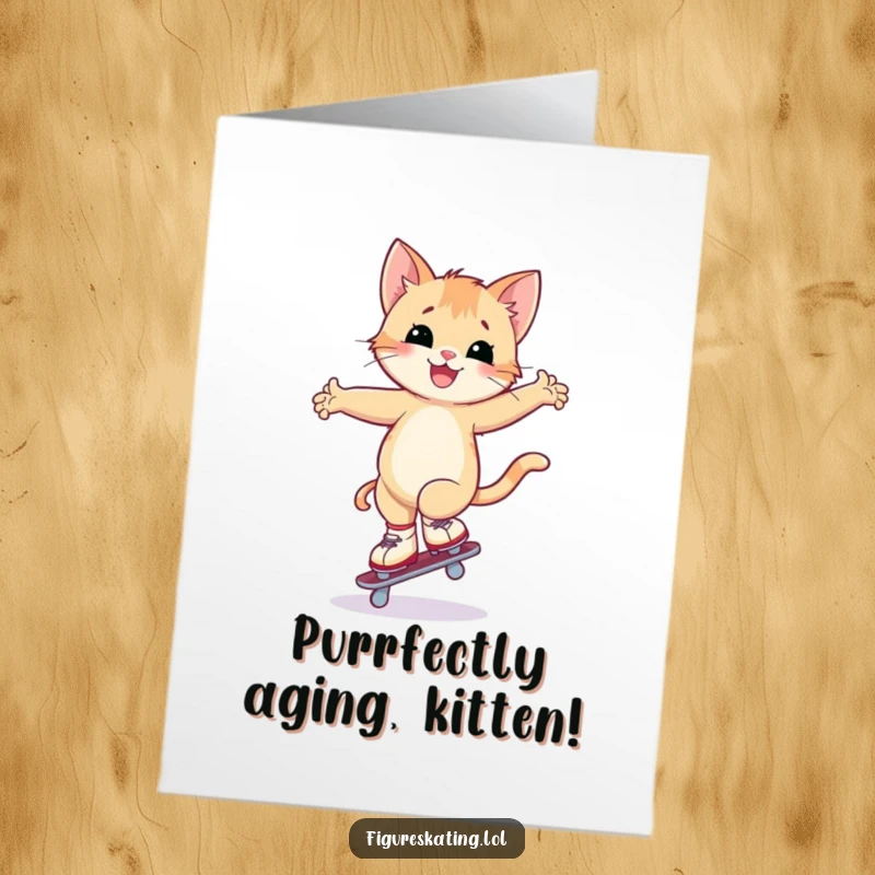 Funny Free Printable birthday card: a happy kitten wobbling in an arabesque on one roller skate, trying its best.