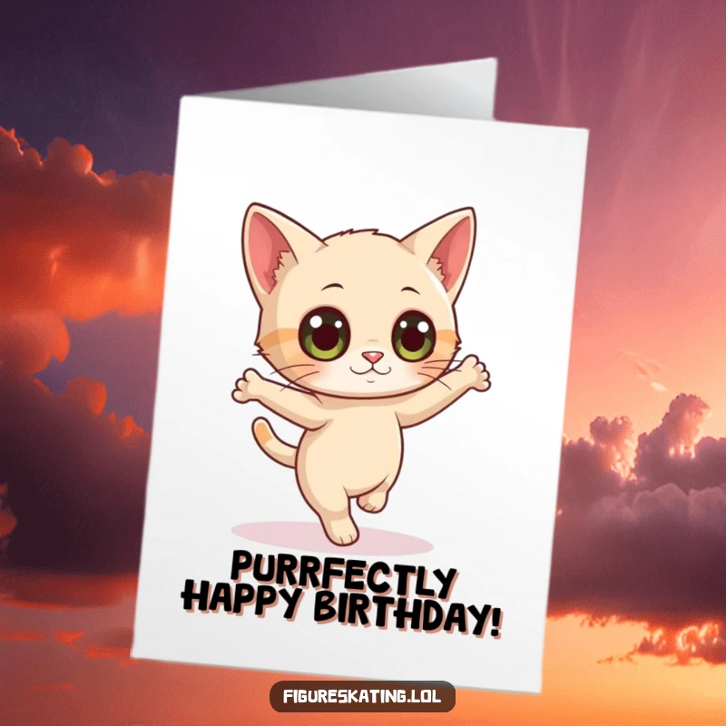 Funny Free Printable Happy Birthday Card: A curious cat wide-eyed attempts a delicate pirouette, ready for celebration.