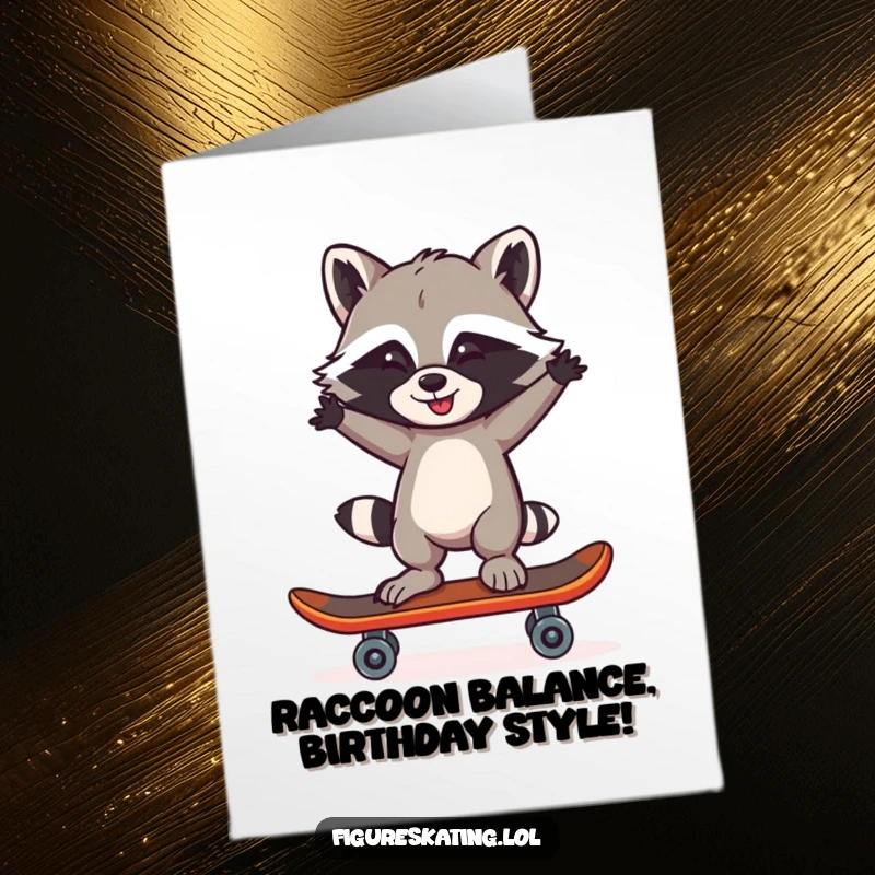 Funny Free Printable Birthday Card: A mischievous raccoon confidently balances on one skate, arms akimbo, ready for anything.