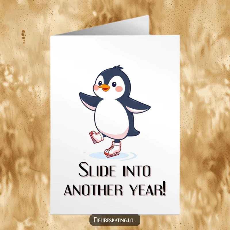 Funny Free Printable Birthday Card: A happy Arctic penguin doing a graceful twirl on ice skates, ready to celebrate.