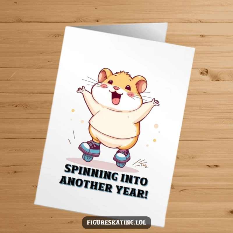 Funny Free Printable Birthday Card: A chubby hamster wobbling joyfully while spinning on ice skates.