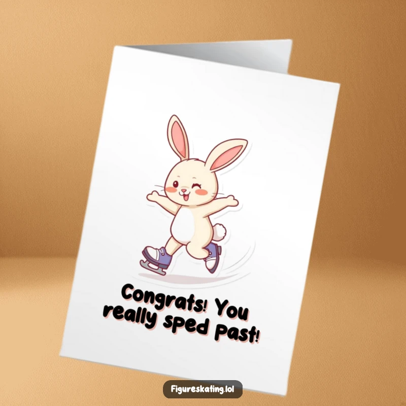 Funny Free Printable Congratulations Card: A giggling rabbit celebrating victory by speed skating a figure eight.