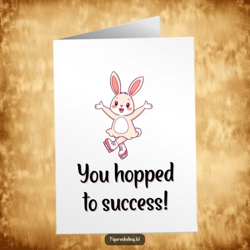 Funny Free Printable Congrats Card: A cheerful bunny glides elegantly on ice skates, arms outstretched, celebrating your amazing achievement with poise.