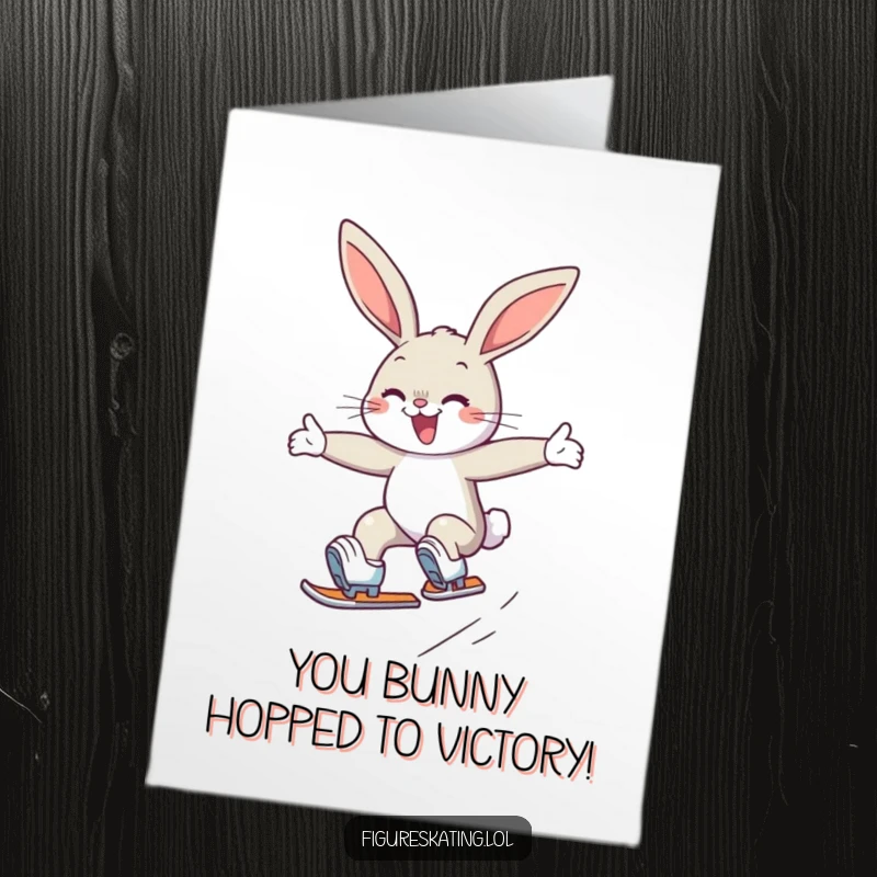 Funny free printable congratulations card featuring a determined bunny mid-jump on ice skates, celebrating a big achievement.