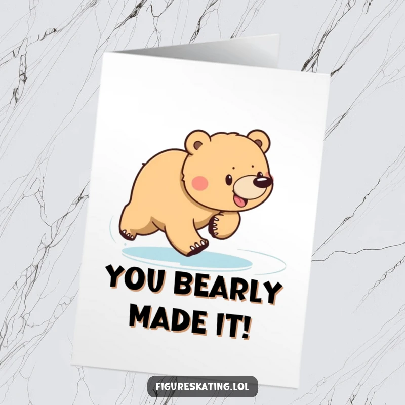 Funny Free Printable Congratulations Card: Determined bear sliding across ice, celebrating a triumph with a wide, sweeping, and humorous motion.