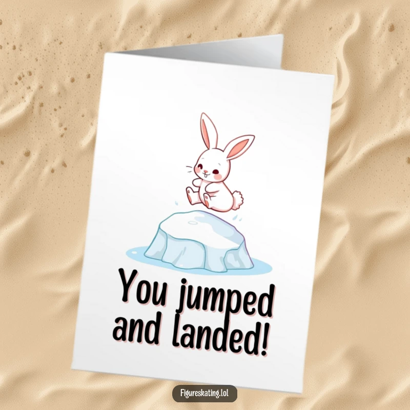 Funny Free Printable Congratulations Card: A bunny gracefully leaping and landing from an ice patch, symbolizing a successful jump.
