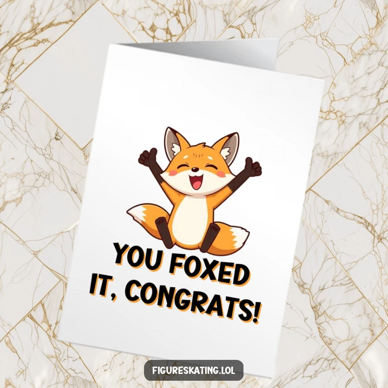 Funny Free Printable Congratulations Card: A proud fox executing a daring triple jump, symbolizing a triumphant and impressive success.