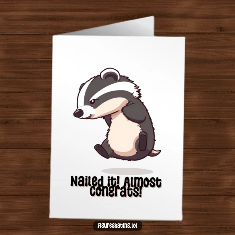 Funny Free Printable Congrats Card: Badger hilariously losing balance while ice skating, a unique downloadable greeting