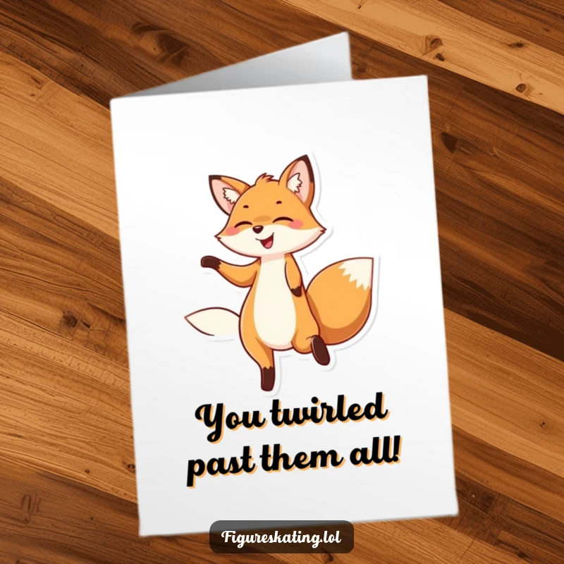 Funny Free Printable Congrats Card: A delighted fox performing a graceful twirl to celebrate a major achievement.