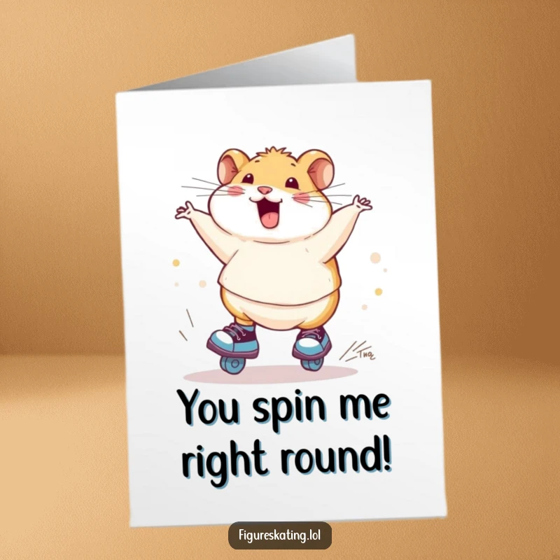 Funny Free Printable Congrats Card: A chubby hamster doing a joyful, wobbly spin on ice skates, celebrating a win.