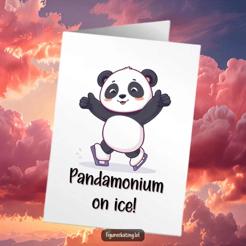 Funny Free Printable Congratulations Card: Panda shuffling joyfully on tiny ice skates, celebrating a win.