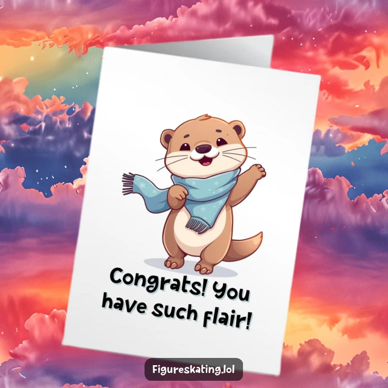 Funny Free Printable Congratulations Card: A happy otter doing a celebratory twirl with a shimmering scarf.