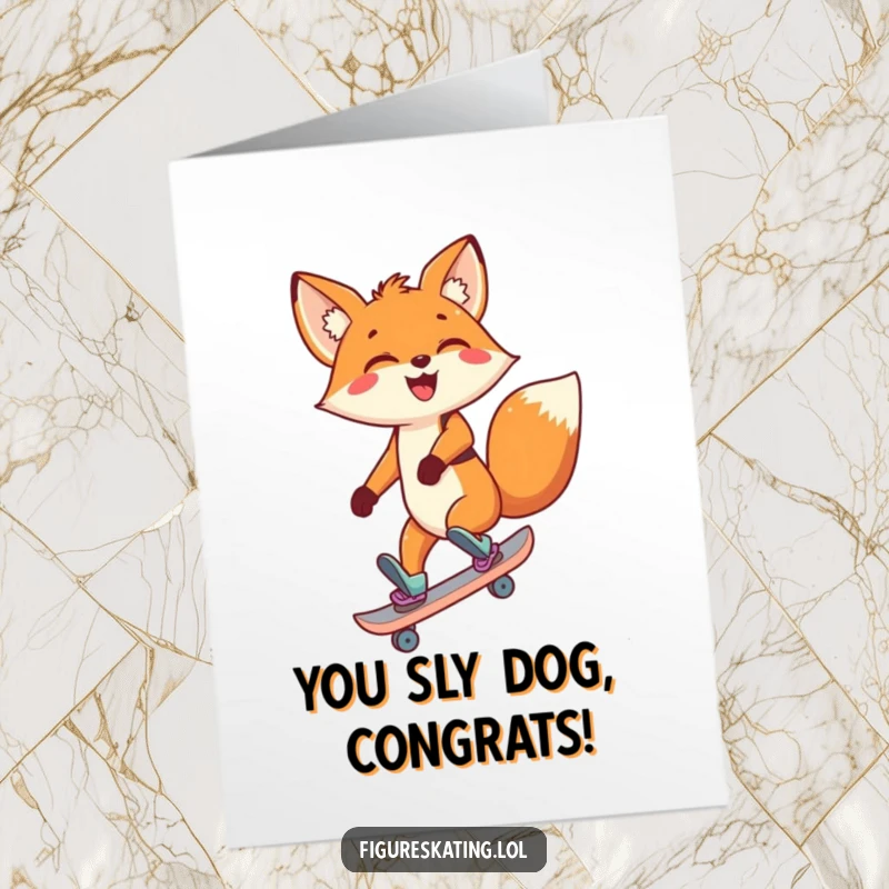Funny Free Printable Congratulations Card: A delighted fox skates backward with a wide smile, celebrating a fantastic accomplishment on ice.