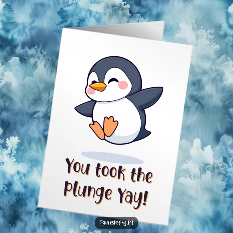 Funny Free Printable Congratulations Card: A shy penguin gives a wobbly jump its best shot, grinning bravely.