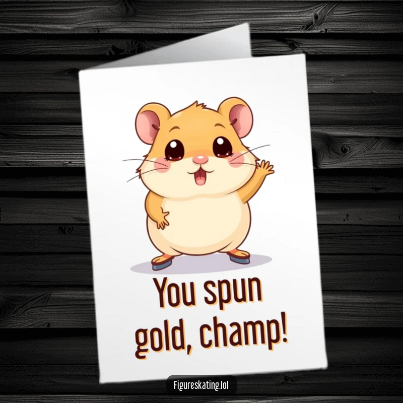 Funny Free Printable Congratulations Card: Plump hamster attempting a figure skating pose with wide, determined eyes. A comical DIY card.