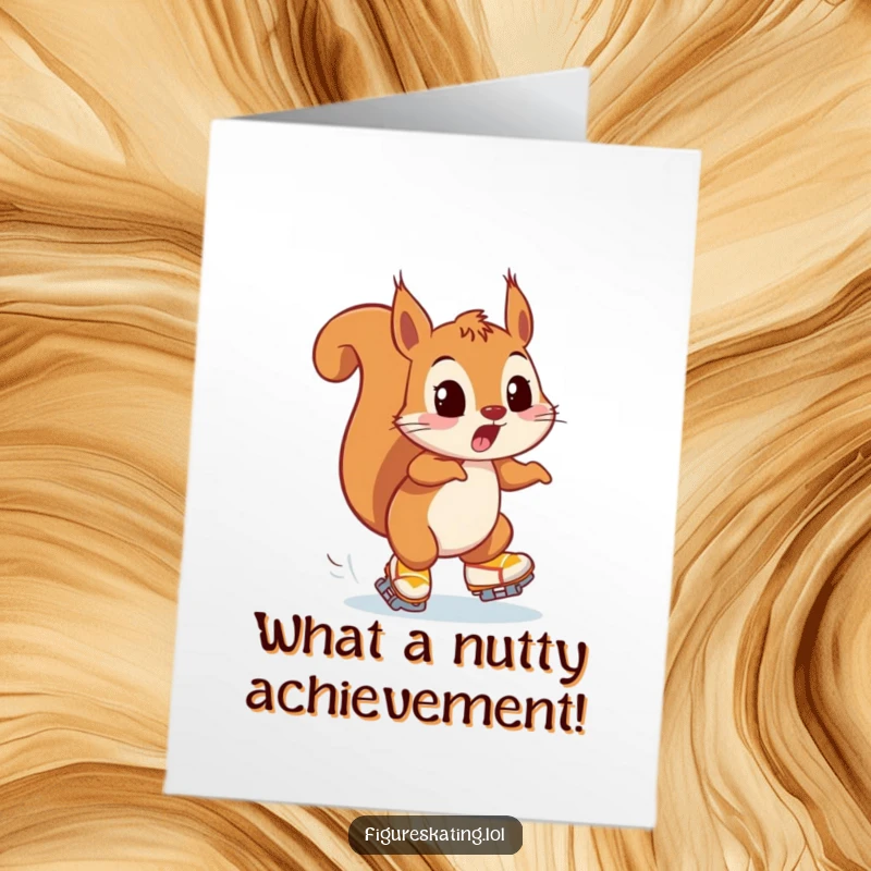 Funny free printable congratulations card featuring a surprised squirrel comically skating and narrowly avoiding a collision, celebrating survival.
